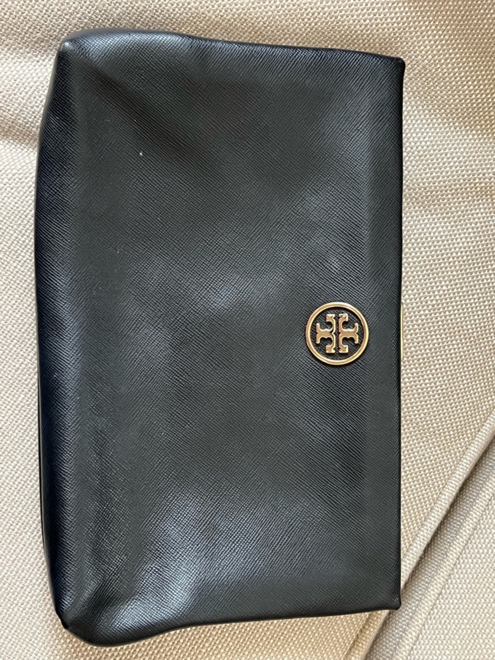 Tory Burch Black Saffiano Leather Wristlet with Gold Logo Emblem